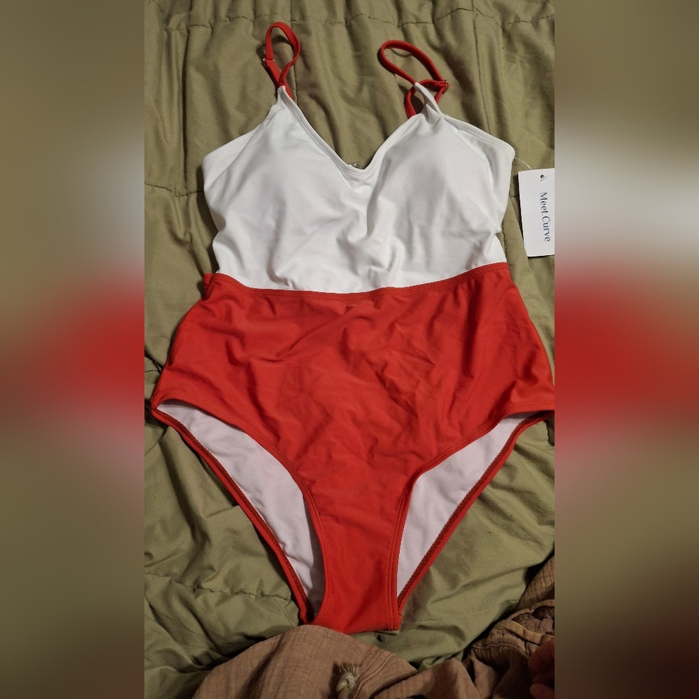 White and Red One Piece Swim with High-Waisted Design
